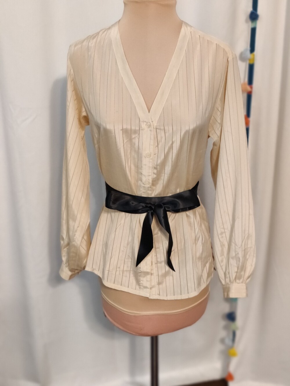 70s Silk Blouse Nude with See Thru Stripes Longline Deep V slinky Sexy no collar